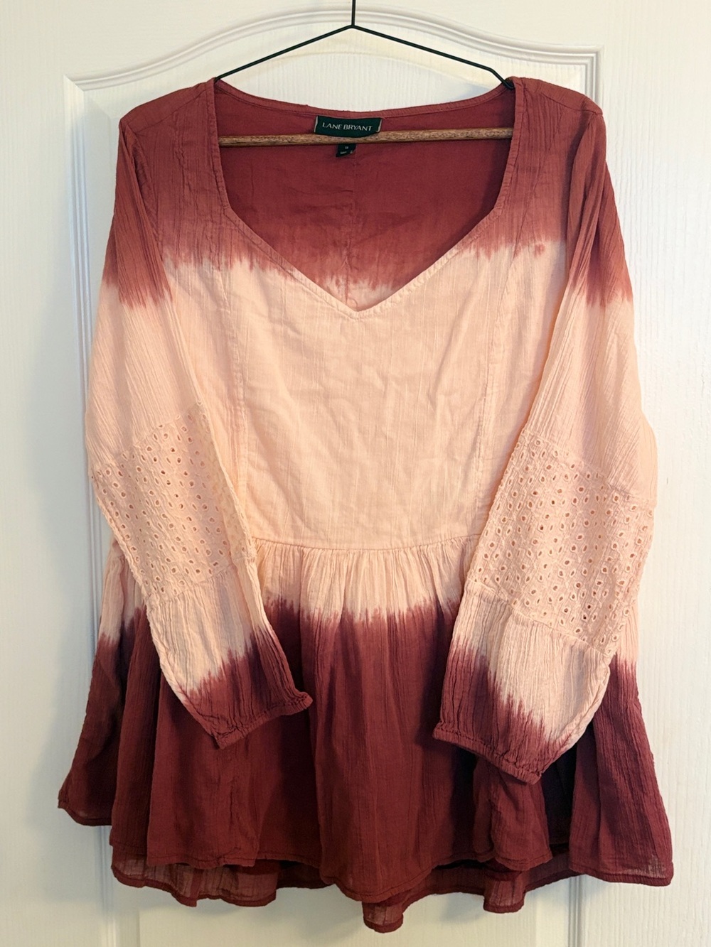 Lane Bryant Dip Dye Ombre Peasant Blouse Sz 18 Peach Burgundy Eyelet Cotton Boho